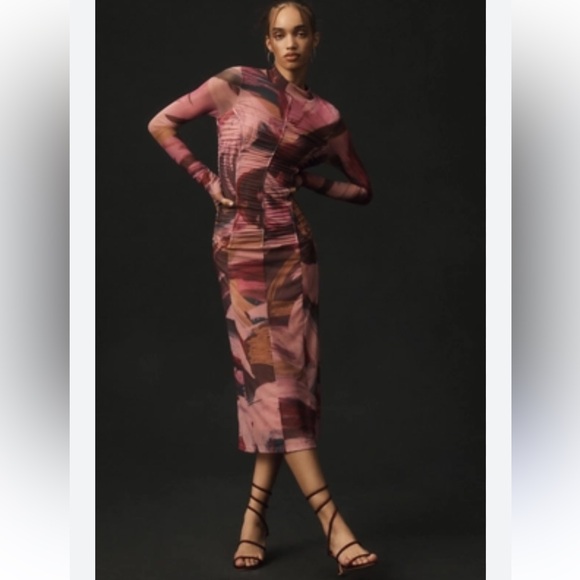 By Anthropologie Long Sleeve Printed Mesh Midi Dress - Picture 1 of 6